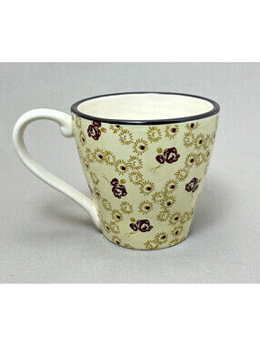 Country Living Floral Coffee Mug Calico Flower Cream Brown Farmhouse Ceramic Cup